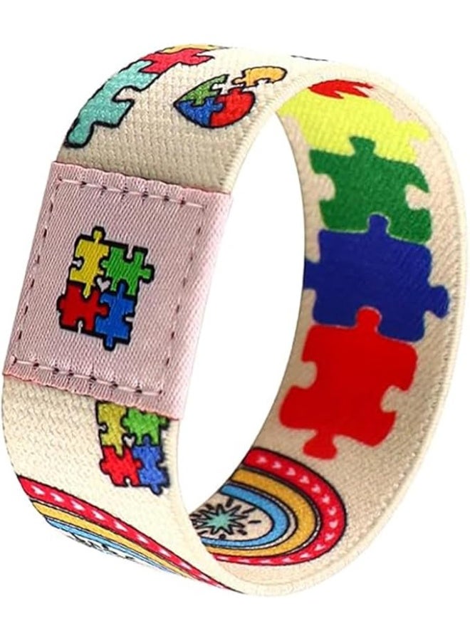 abley's Autism Awareness Support Bracelet, Colorful Puzzle Pattern, Elastic Fabric Band, Sensory Friendly (Puzzle Pattern + Rainbow Arc) - Image 1